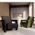 Stylish Gray and Green Armchairs in Modern Room With Wooden Wall White Shelf and Window
