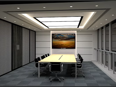 Modern Conference Room With Long Table Chairs Wall Art And Ceiling Lighting 3d model