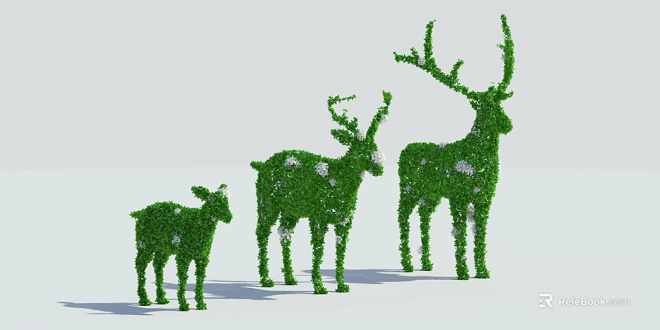 Green Shrub Deer Topiary Sculptures in Three Different Sizes with White Accents 3d model 
