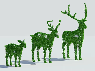 Green Shrub Deer Topiary Sculptures in Three Different Sizes with White Accents 3d model