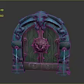 Intricate Fantasy Entrance Gate With Green Pink Carved Artwork And Ram Head Top Decor
