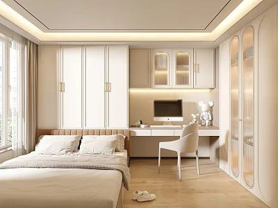 Modern Tatami Bedroom Interior With White Wardrobes Desk Computer And Bright Lighting 3d model