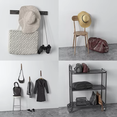 Multiple Bags Including Woven and Leather Types on Hooks Chair Wall and Shelf 3d model