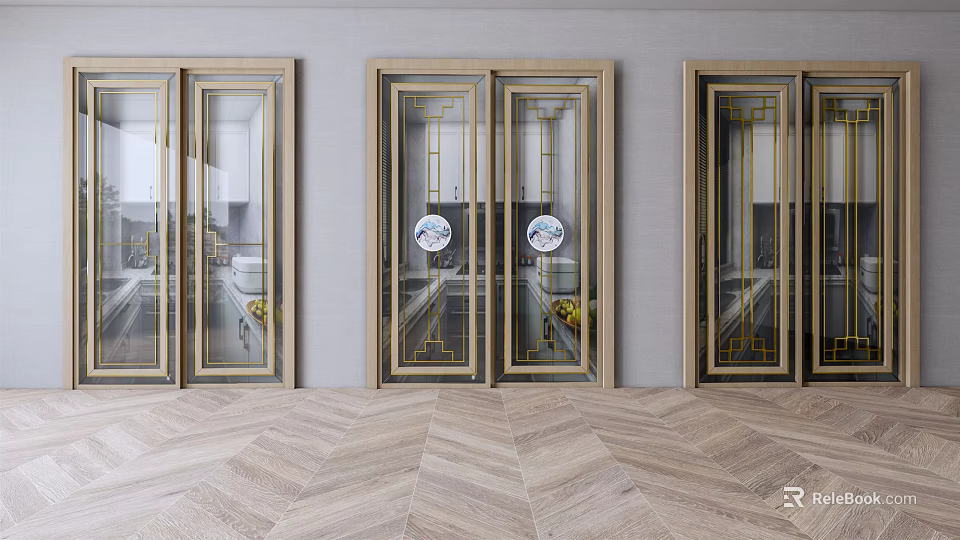 Modern Sliding Doors With Gold Frame Glass Panels And Herringbone Wooden Floor 3d model 