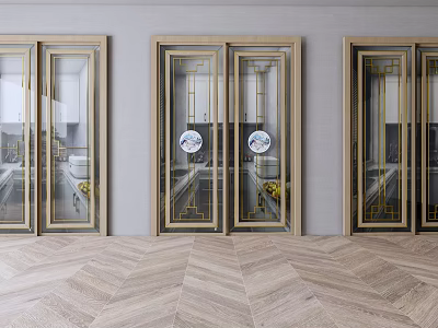 Modern Sliding Doors With Gold Frame Glass Panels And Herringbone Wooden Floor 3d model