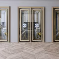 Modern Sliding Doors With Gold Frame Glass Panels And Herringbone Wooden Floor