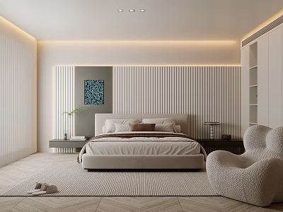 Modern Bedroom Interior With Striped Wall Artwork Cozy Chair And Warm Lighting 3d model