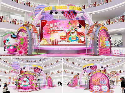 Pink Themed Stage In Shopping Mall With Cartoon Elements Balloons And Large Screen 3d model