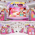 Pink Themed Stage In Shopping Mall With Cartoon Elements Balloons And Large Screen