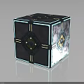 Futuristic Tech Cube Design With Blue Glowing Lines Gold Accents And Mesh Surface