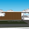 Modern Sales Office Building With Wooden Facade Lush Greenery And Car At Entrance Driveway
