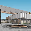 Modern Sales Office Building With Glass Facade Metal Accents Front Fountain And Green Plants