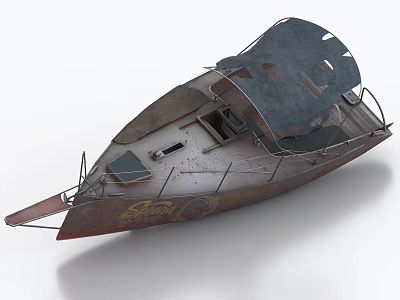 Old Rusted Vintage Boat With Tattered Canvas Cover And Star Logo 3d model