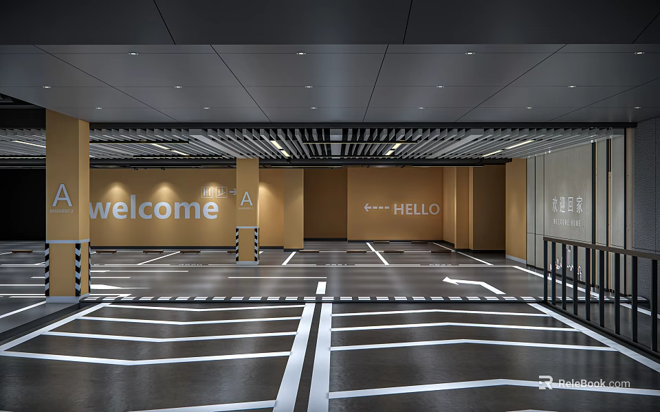 Well Lit Parking Lot With Welcome Hello Signs White Marked Lines And Spacious Design 3d model 