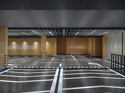 Well Lit Parking Lot With Welcome Hello Signs White Marked Lines And Spacious Design 3d model