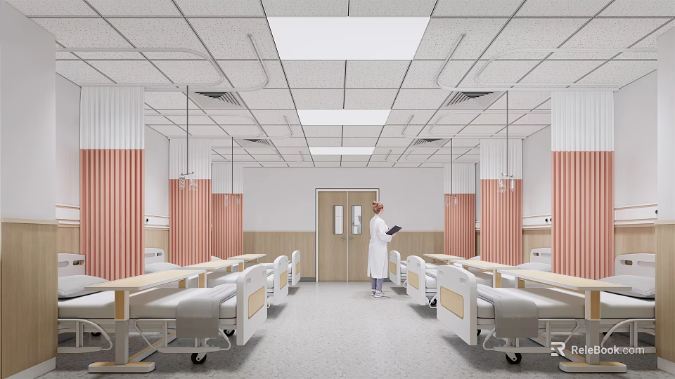Hospital Outpatient Clinic Interior With Multiple Beds Red Striped Walls Ceiling Lighting And Medical Staff 3d model 