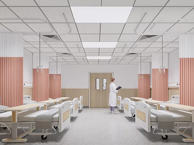 Hospital Outpatient Clinic Interior With Multiple Beds Red Striped Walls Ceiling Lighting And Medical Staff 3d model