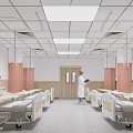 Hospital Outpatient Clinic Interior With Multiple Beds Red Striped Walls Ceiling Lighting And Medical Staff