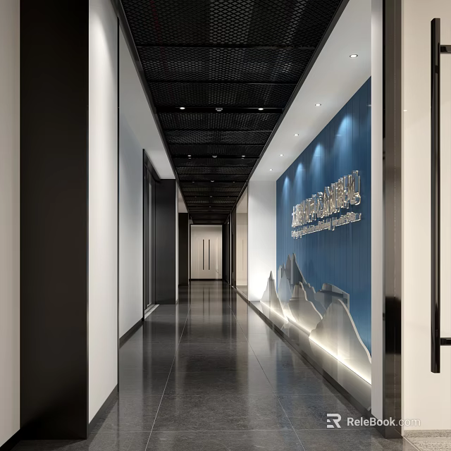 Modern Office Corridor With Blue Wall Decor And Smooth Floor 3d model 