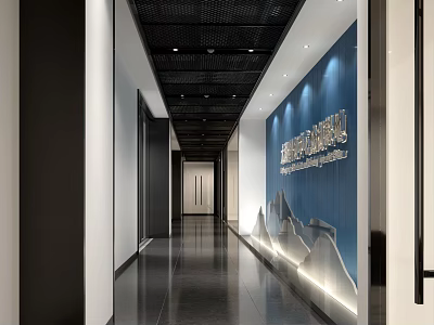 Modern Office Corridor With Blue Wall Decor And Smooth Floor 3d model