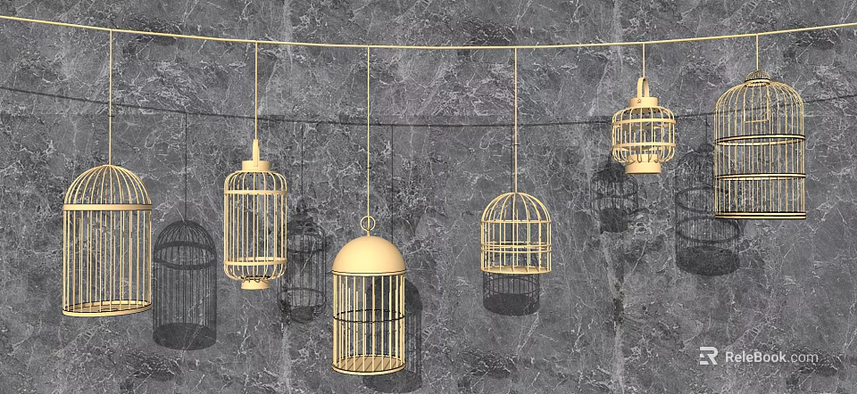 Decorative Ornament Set with Hanging Birdcages on Marble Wall Background 3d model 