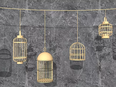Decorative Ornament Set with Hanging Birdcages on Marble Wall Background 3d model