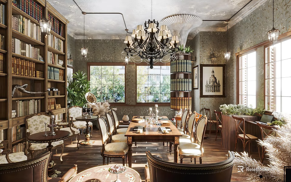Vintage Café Interior With Bookshelves Chandelier Wooden Tables Windows And Green Plants 3d model 