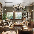 Vintage Café Interior With Bookshelves Chandelier Wooden Tables Windows And Green Plants