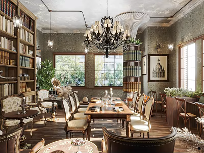 Vintage Café Interior With Bookshelves Chandelier Wooden Tables Windows And Green Plants 3d model
