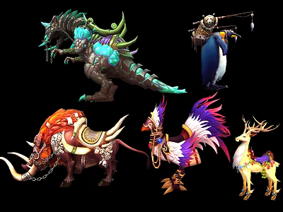 Game Fantasy Mythical Creature Characters Including Dragon Penguin Ox Bird And Deer With Colorful Designs 3d model