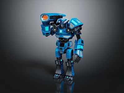 Blue Mechanical Robot Character In Standing Pose With Orange Light And Armored Body 3d model