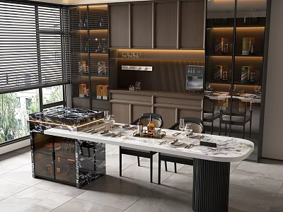 Modern Restaurant Interior With Open Kitchen Marble Dining Table And Wine Racks 3d model