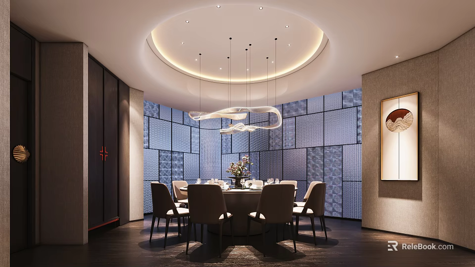 Elegant Private Dining Room With Round Table Chandelier And Lattice Patterned Walls 3d model