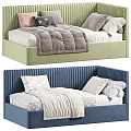 Modern Single Bed With Ribbed Headboard Gray Comforter And Pink Gray Star Patterned Pillows 3d model
