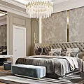 Elegant Modern Bedroom Interior With Upholstered Headboard Crystal Chandelier Rug Ottoman Nightstands And Table Lamps