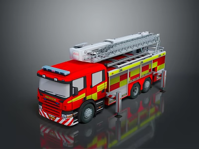Red Fire Truck With Yellow Stripes And Ladder On Top For Rescue Missions 3d model
