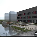 Modern Multi Story Industrial Factory Building With Waterfront Area And Parking Lot