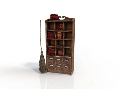 Antique Wooden Bookshelf with Multiple Shelves Red Plates Bowls and Broom 3d model