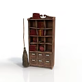 Antique Wooden Bookshelf with Multiple Shelves Red Plates Bowls and Broom