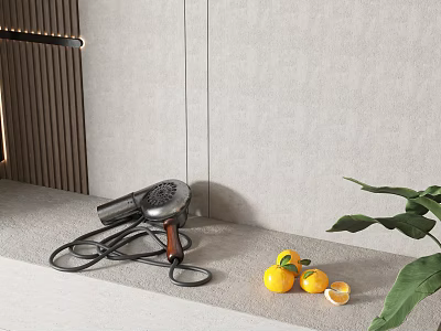 Stylish Hair Dryer With Wooden Handle On Modern Countertop Near Fresh Lemons And Green Plant 3d model