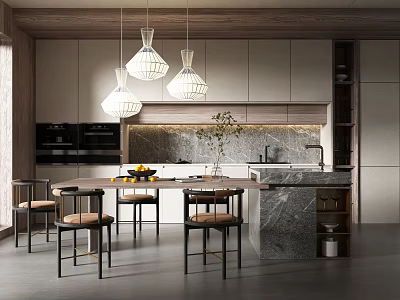 Modern Dining Table Set With Pendants Island Marble Countertop And Kitchen Cabinets 3d model