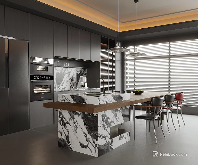 Modern Restaurant Interior Design With Dark Cabinets Marble Island Dining Table And Large Windows 3d model 