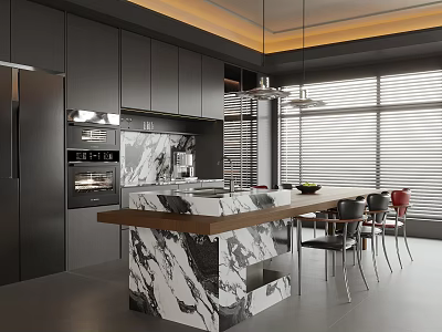 Modern Restaurant Interior Design With Dark Cabinets Marble Island Dining Table And Large Windows 3d model