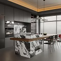 Modern Restaurant Interior Design With Dark Cabinets Marble Island Dining Table And Large Windows