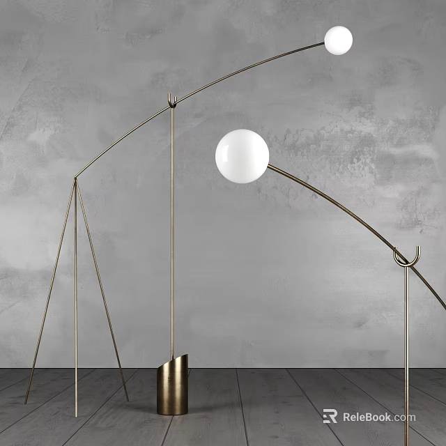 Modern Arched Floor Lamp With White Spherical Lampshade And Metal Stand Against Gray Wall 3d model 
