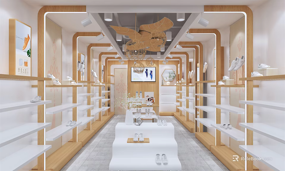 Modern Shoe Store Interior With Wooden Shelves White Display Tables And Pendant Lights 3d model 