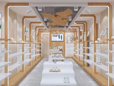 Modern Shoe Store Interior With Wooden Shelves White Display Tables And Pendant Lights 3d model