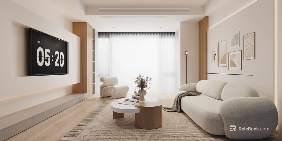 Modern Living Room Interior Design With White Sofa Round Coffee Table And Wooden Elements 3d model 