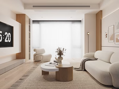 Modern Living Room Interior Design With White Sofa Round Coffee Table And Wooden Elements 3d model