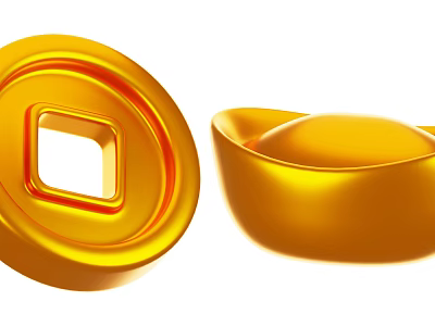 Golden Decorative Ornaments Set with Round Coin and Ingot Shapes for Home Decoration 3d model